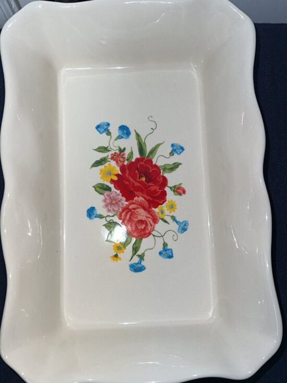 The Pioneer Woman | Rectangle Sweet Rose Stoneware Dish w/ Lid Ruffled Edges